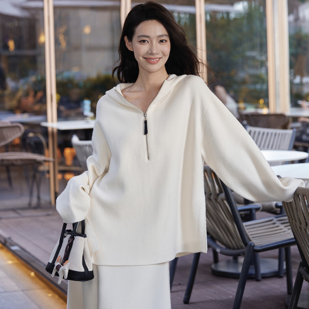 WIWH新款戴帽针织衫宽松秋季纯色