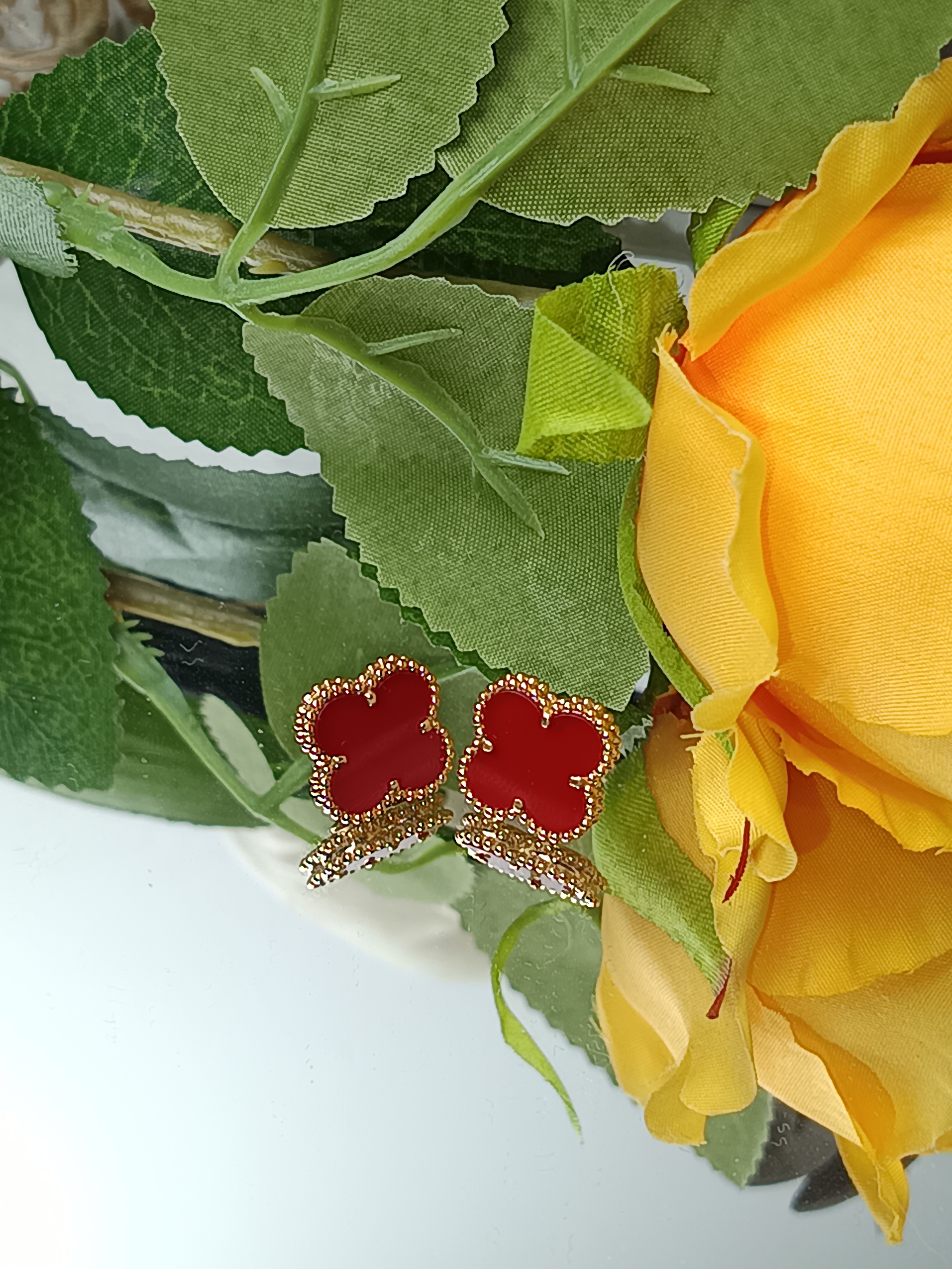 18K金镶嵌玛瑙耳钉 15mm 中花 红玛瑙 K黄/K玫