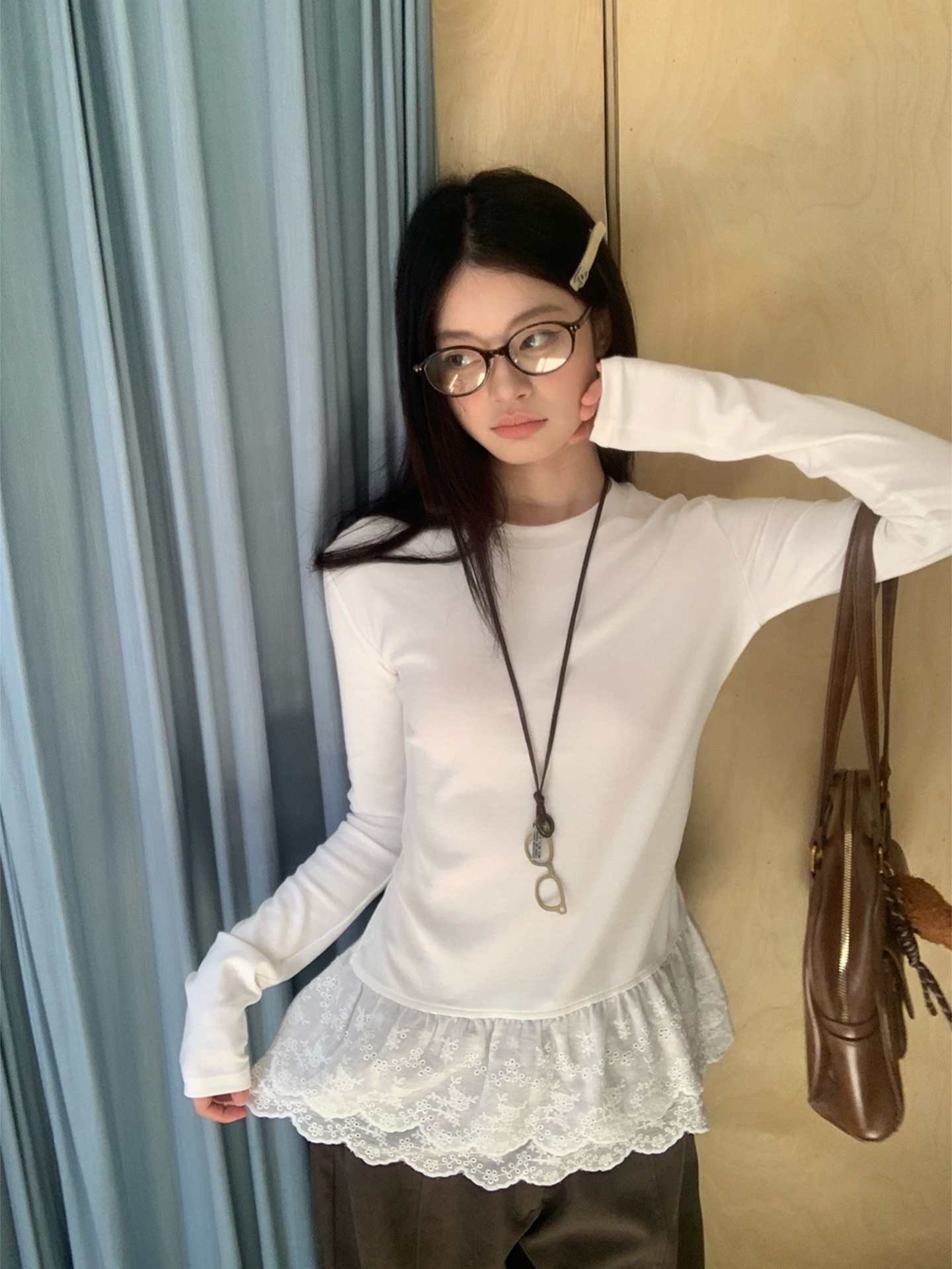 DXSE白色蕾丝花边内搭打底衫女早秋修身显瘦百搭时尚长袖t恤上衣