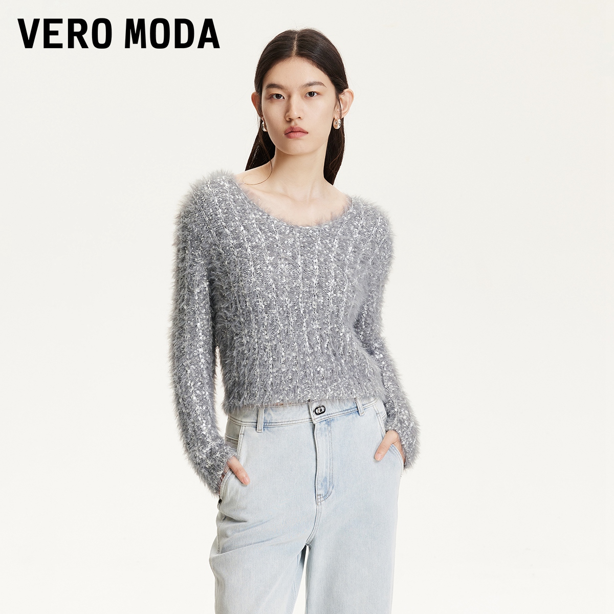 Vero Moda针织衫女2025秋冬新慵懒风镂空圆领纯色上衣百搭松弛感