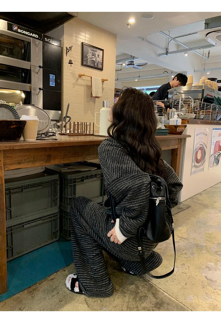 【兔绒】美式复古条纹开衫连帽卫衣女秋冬新款宽松国潮牌套装26337