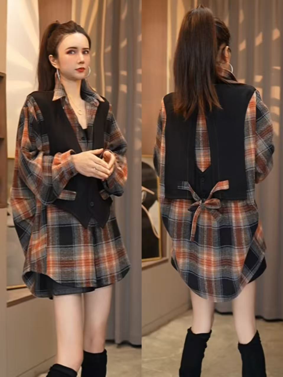 【903#】秋季显瘦气质磨毛咖格假两件衬衫