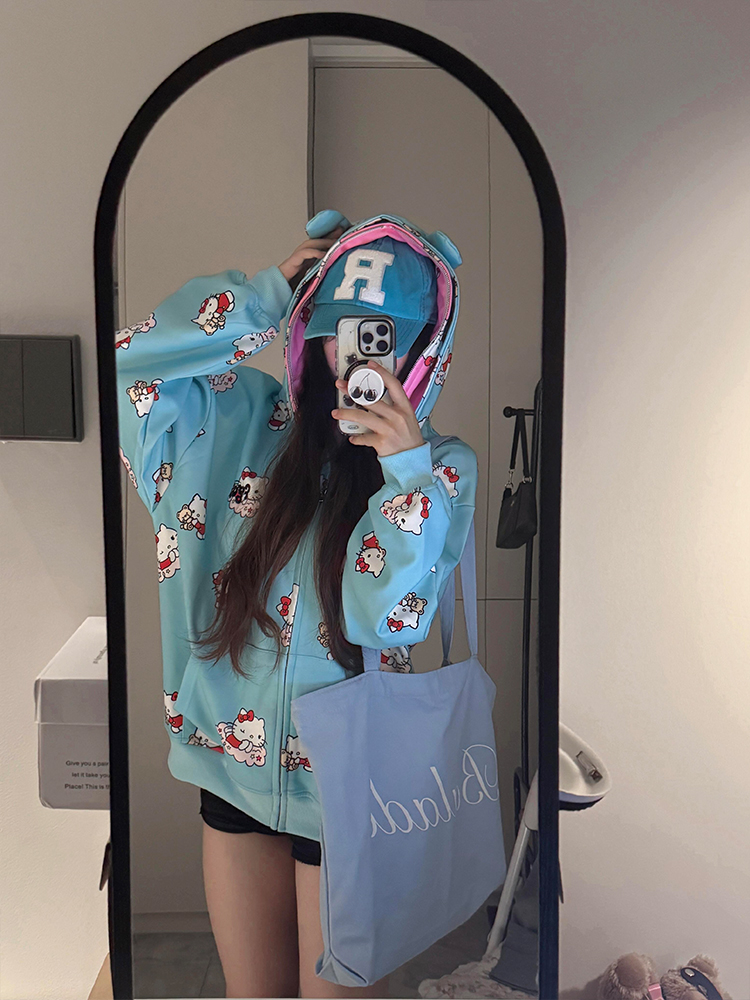 韩系可爱kitty印花双帽连帽卫衣女春秋oversize慵懒开衫拉链外套