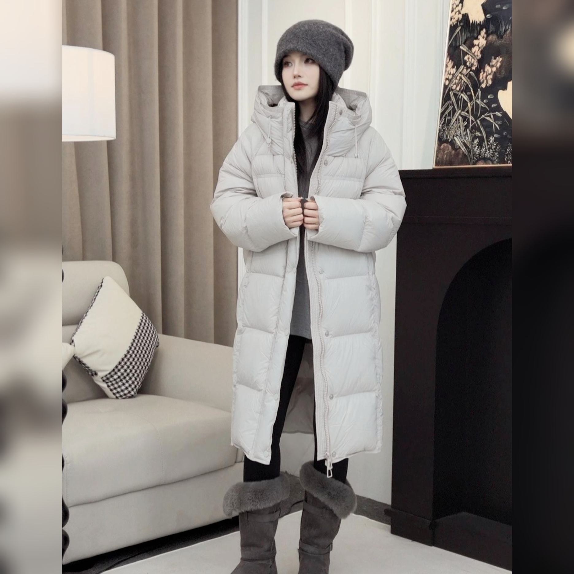 90鸭绒泡芙气质中长款加厚保暖时尚连帽羽绒服8811