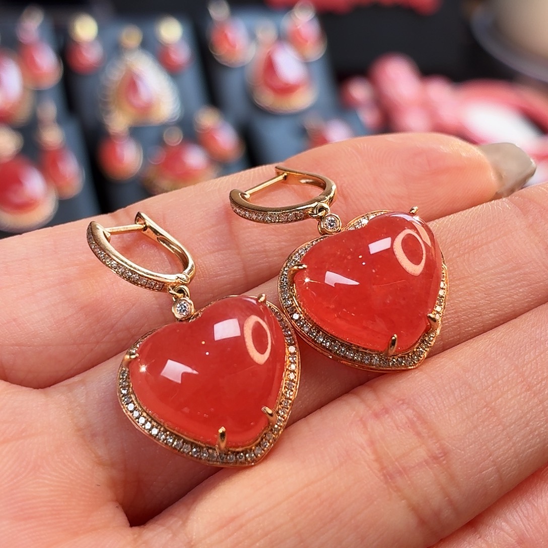 菱锰矿（红纹石）18K金镶嵌耳坠