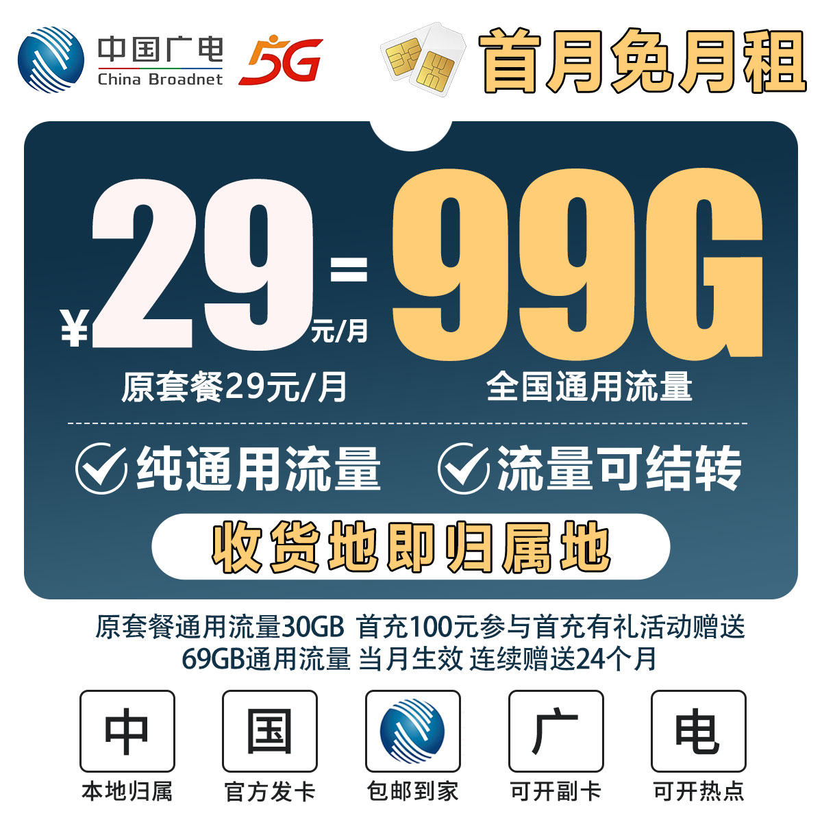 【全国发货】MY中国广电99G本地卡套餐4g5g大流量电话卡手机卡