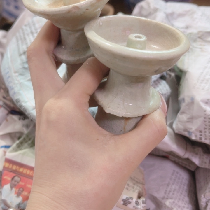 瓷片茂*湖田影青油灯一对