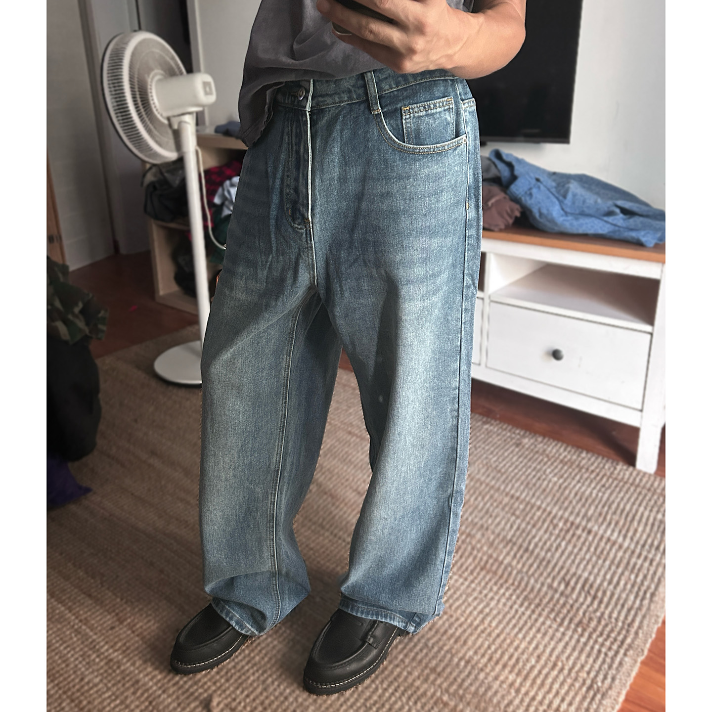 小虎崽SHOP 蓝色磨白做旧牛仔裤阔腿裤松紧腰（414蓝磨白）