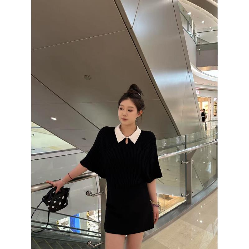 琪琪怪怪大码女装【缪系女孩】高级撞色拼接短袖针织上衣T17000QTQ