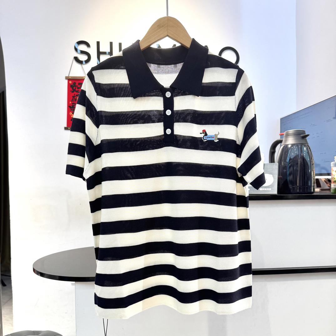 《水淼》2026新款POLO领条纹短袖毛衫2524时尚休闲百搭