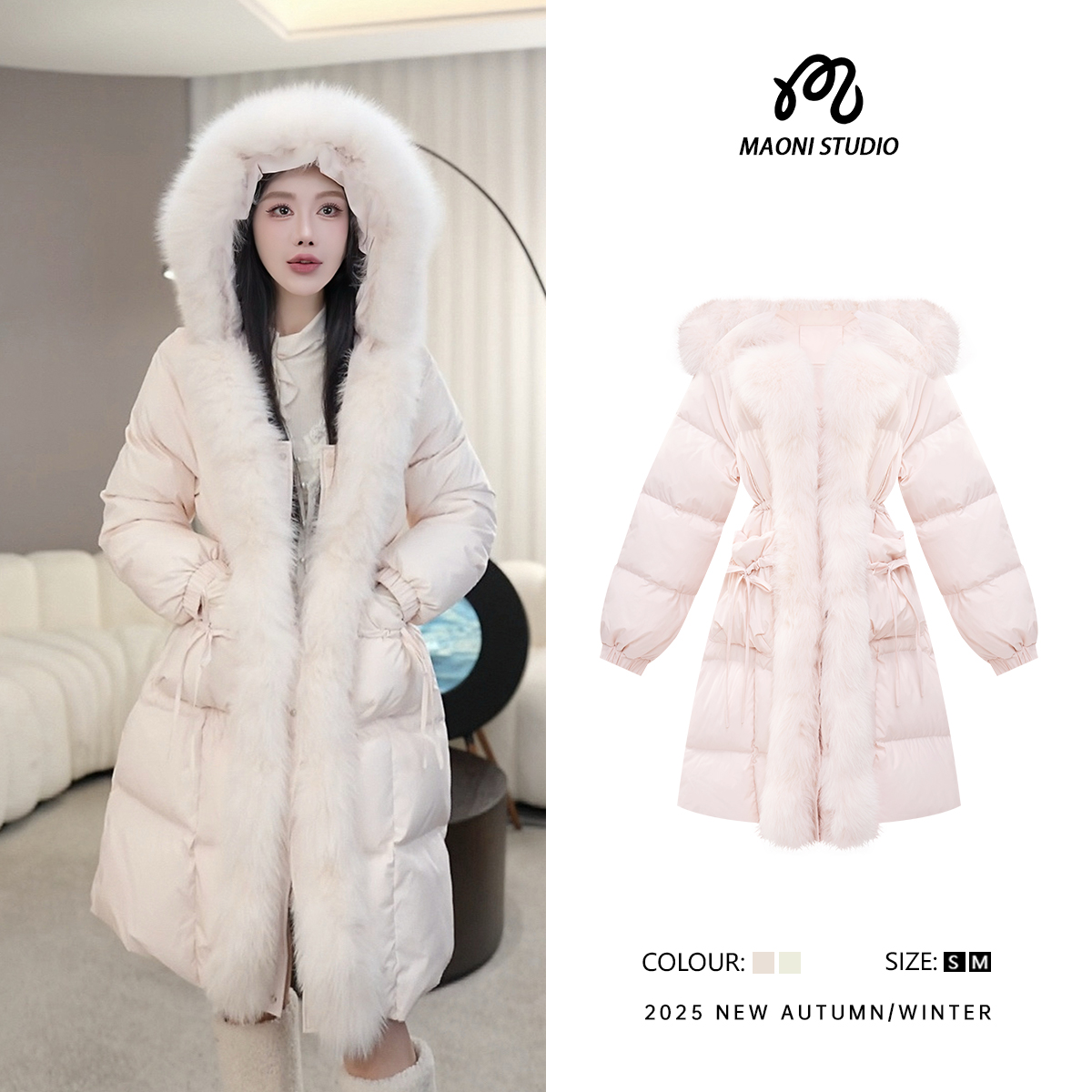 毛妮LADIESFIRST狐狸毛大毛领90白鸭绒羽绒服中长款过膝外套L2804