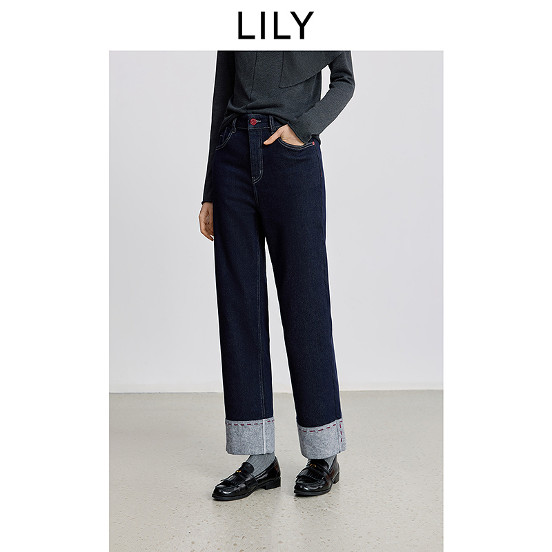LILY2025冬新款复古简约弹力加绒直筒裤原色牛仔裤女125429GJ904