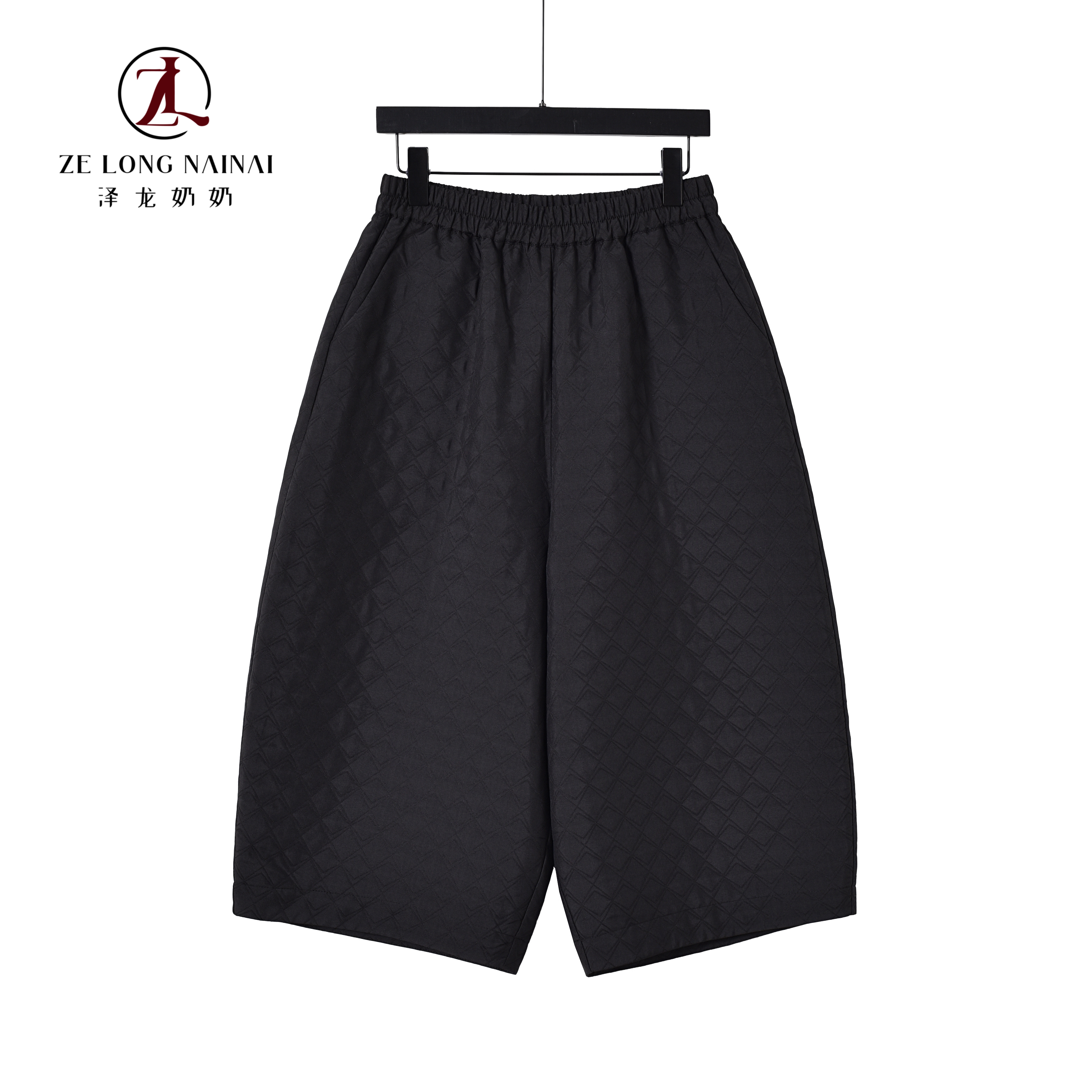 5227菱格薄棉裤女冬季宽松显瘦阔腿裤复古保暖八分裤