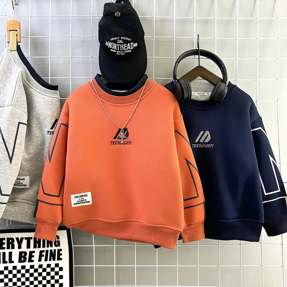 男童卫衣冬款加绒加厚羊羔绒男孩上衣中大童学生儿童帅气打底衫