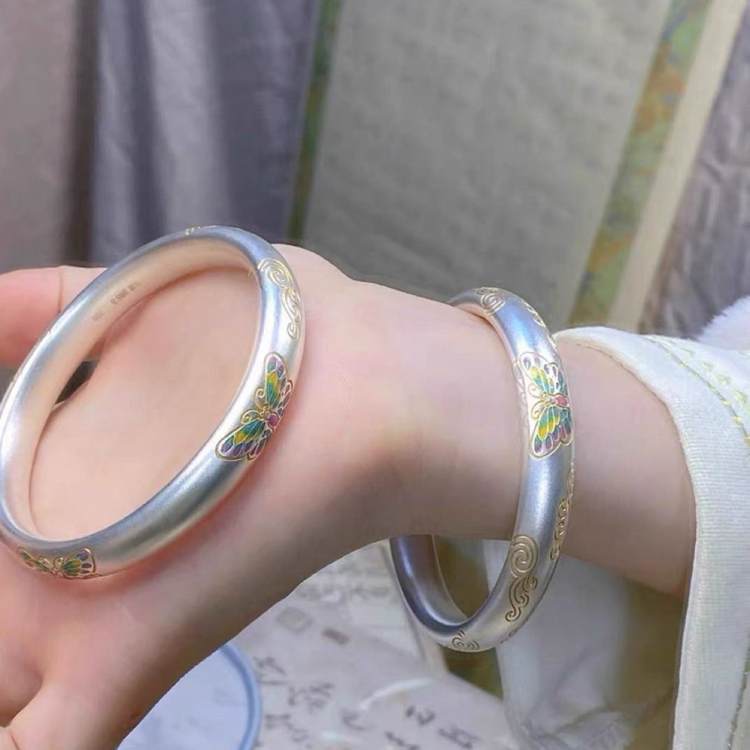 足银手镯 足银999.9珐琅彩祥云蝴蝶闭口手镯