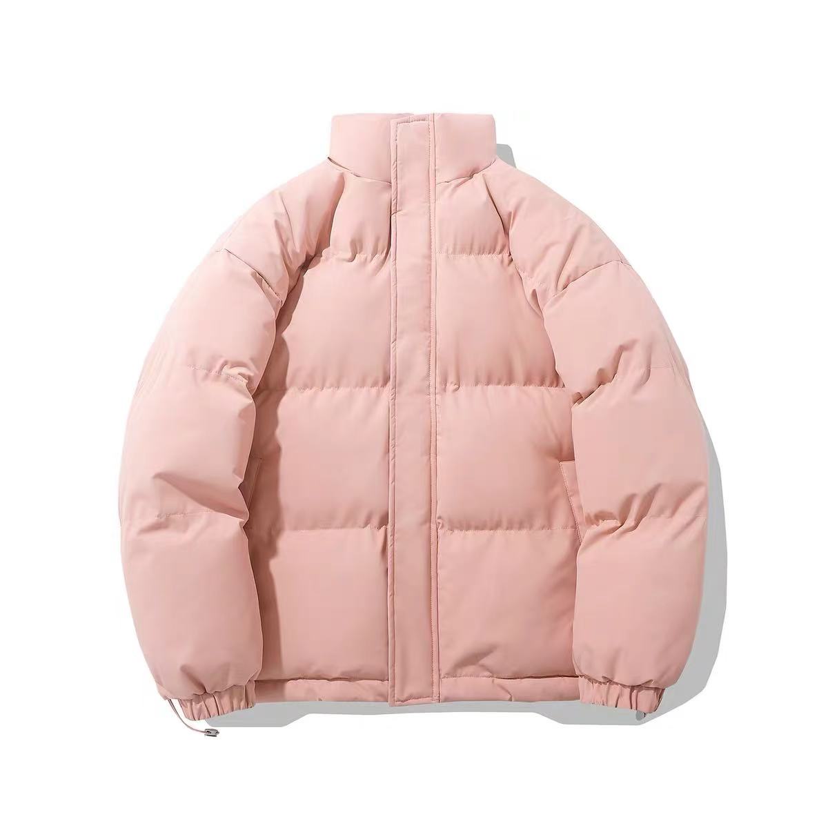 粉色冬季新款棉衣男棉袄加厚情侣纯色百搭棉服立领保暖面包服外套