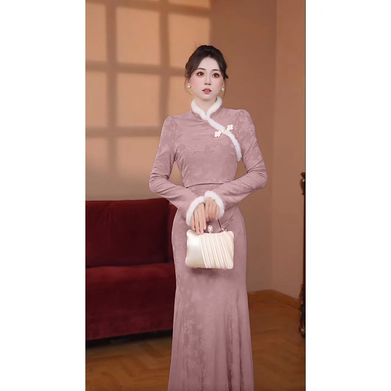 【替换】【加绒加厚】紫色改良旗袍女秋冬装元旦圣诞连衣裙D4302