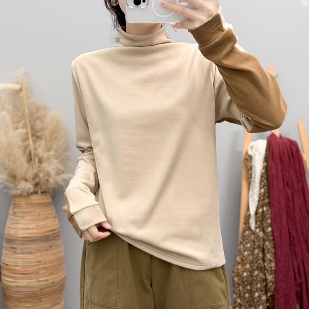（前后两穿）半高领德绒长袖打底衫冬休闲通勤修身女高加厚百搭文艺