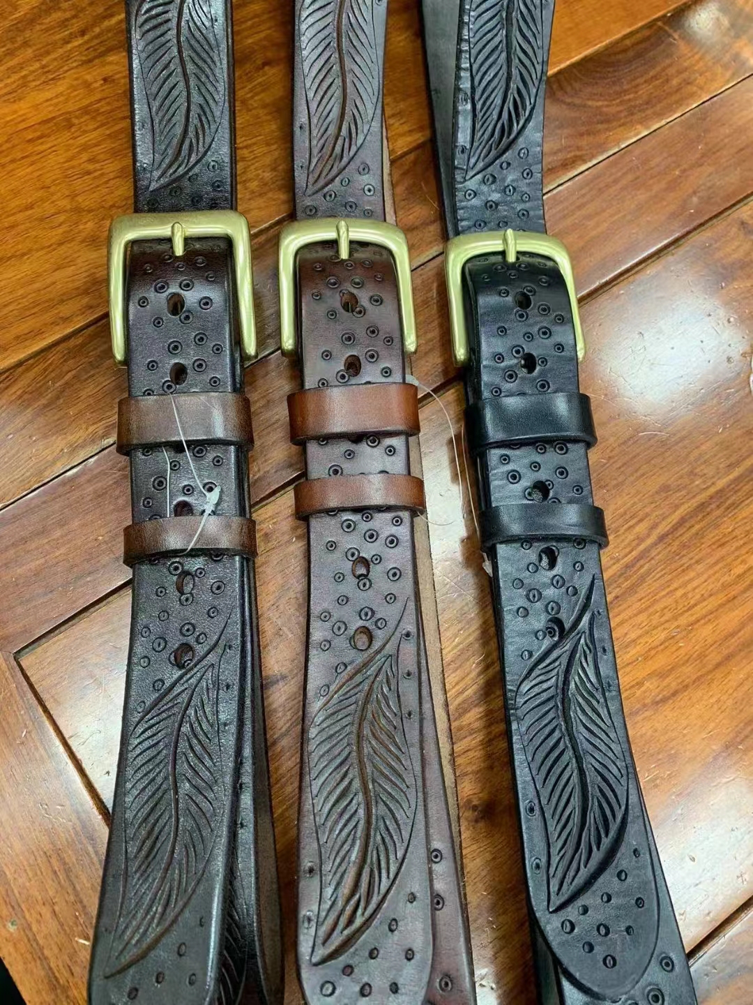 男士硬汉重工机车风头层牛皮真皮激光雕刻羽毛特厚头层牛皮腰带