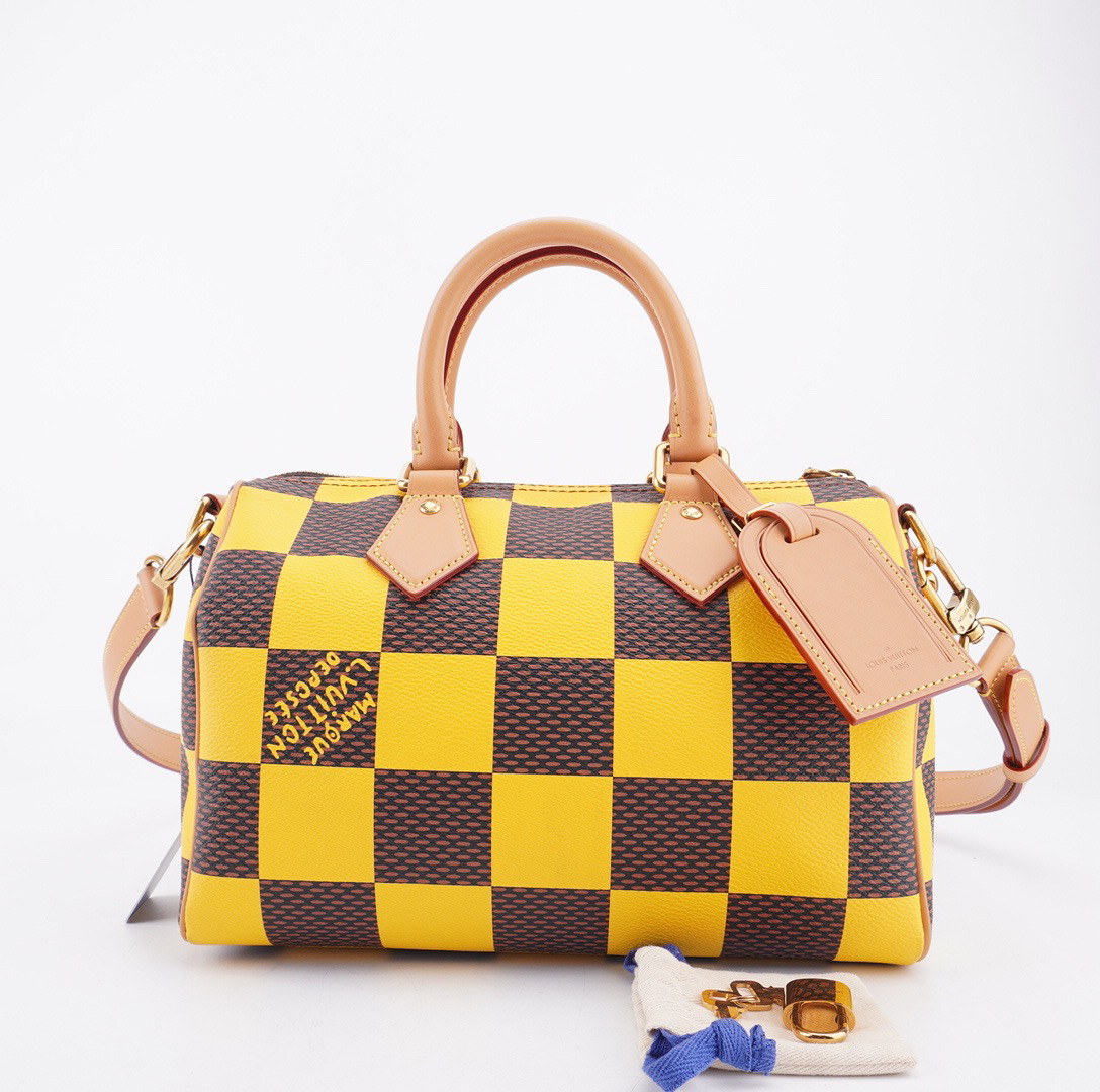 99新 LV Speedy 25芯片款棕黄色棋盘格设计拉链开合斜挎包 F428