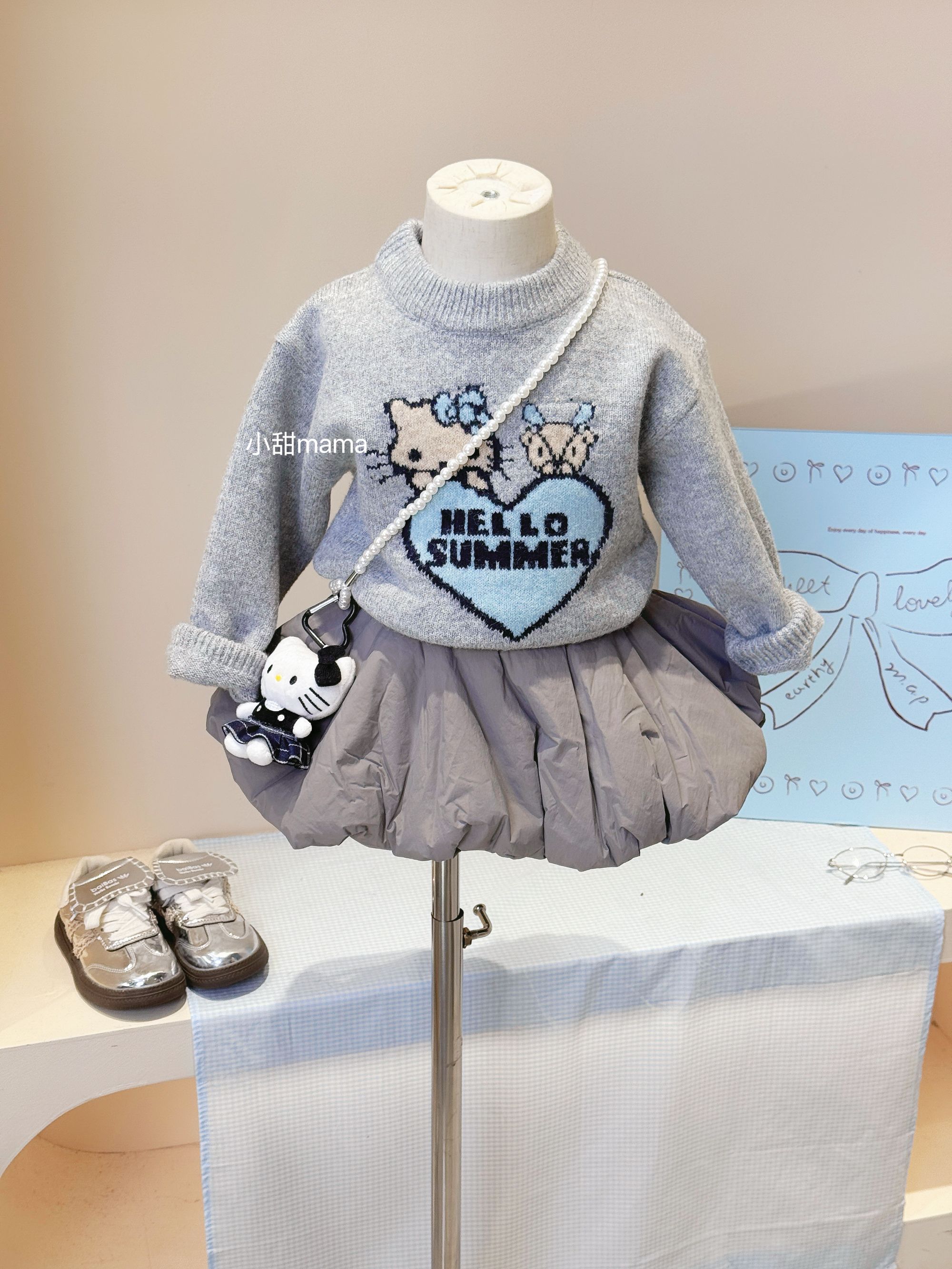 现货女童冬季韩版KT猫毛衣棉半身裙套装女宝洋气圆领卡通毛线衫