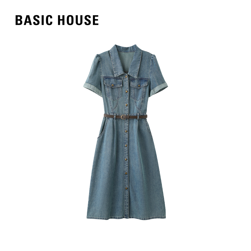 Basic House/百家好夏时尚显瘦气质时尚休闲复古减龄蓝色连衣裙