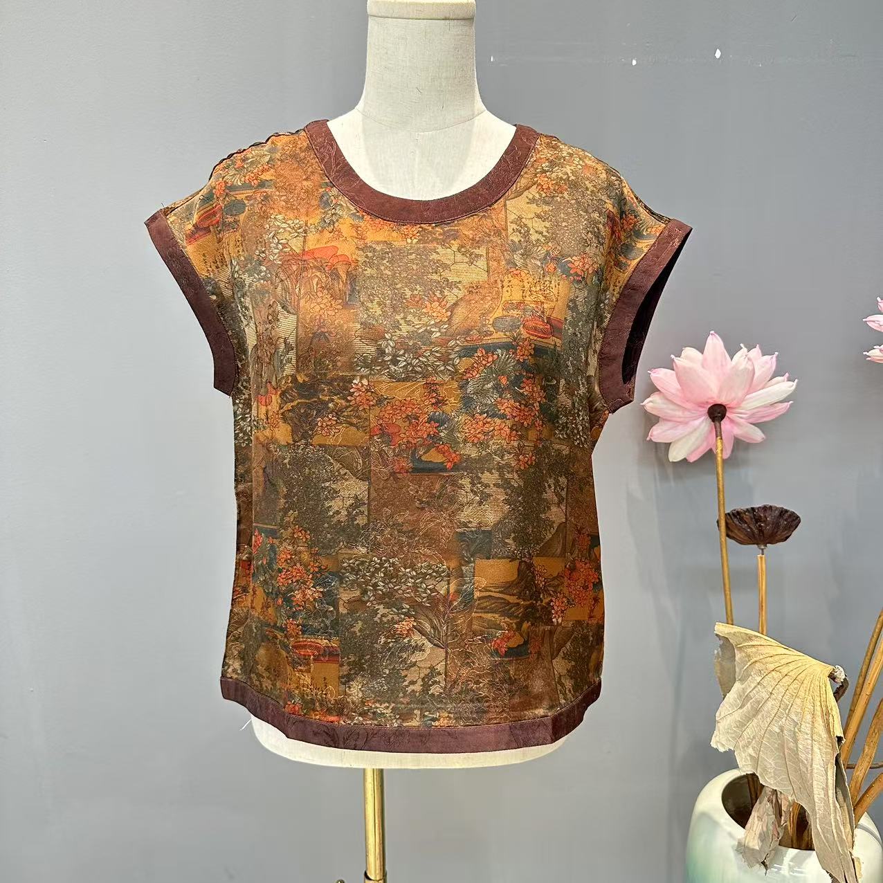 099款时尚圆领双穿百搭夏季双面无袖花色黄色复古