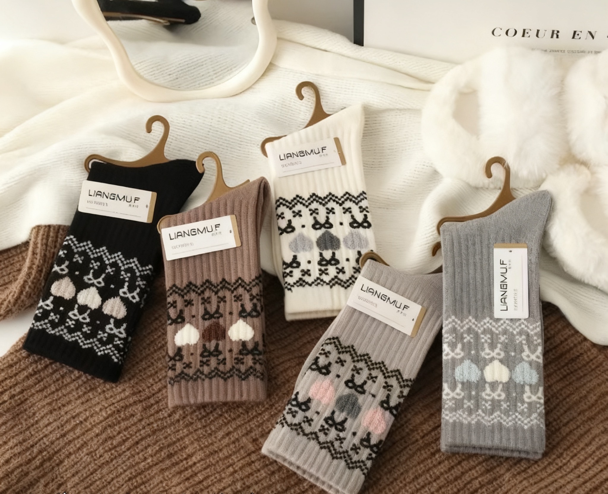 拍五送五十双装费尔岛中筒袜冬季厚款爱心款款中筒袜子ins潮百搭