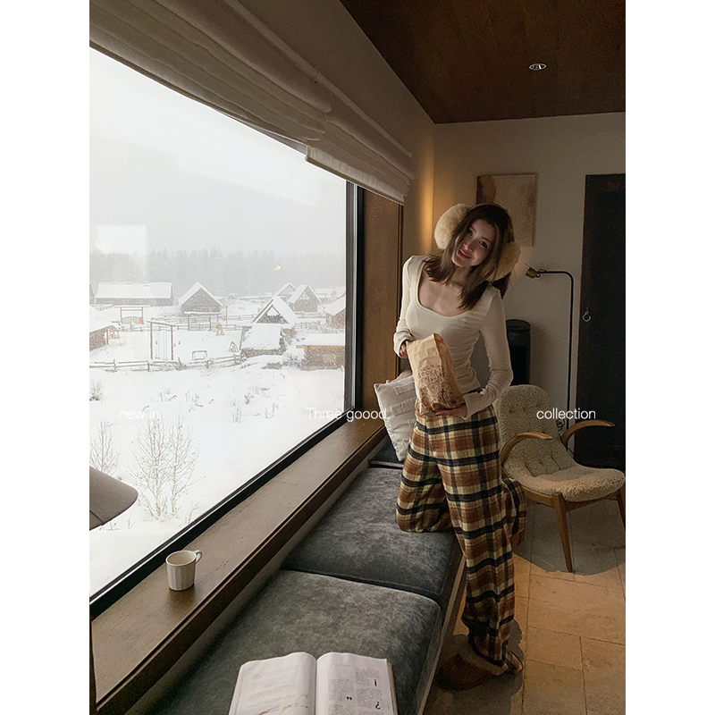 THREE GOOOD/三吉 秋冬序章 复古松弛感格子毛呢裤长裤Y725K20650
