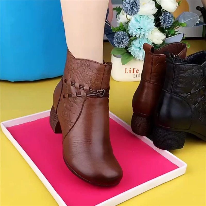 手工软皮侧面印花加绒保暖复古中年小皮靴圆头粗跟秋冬款妈妈棉靴