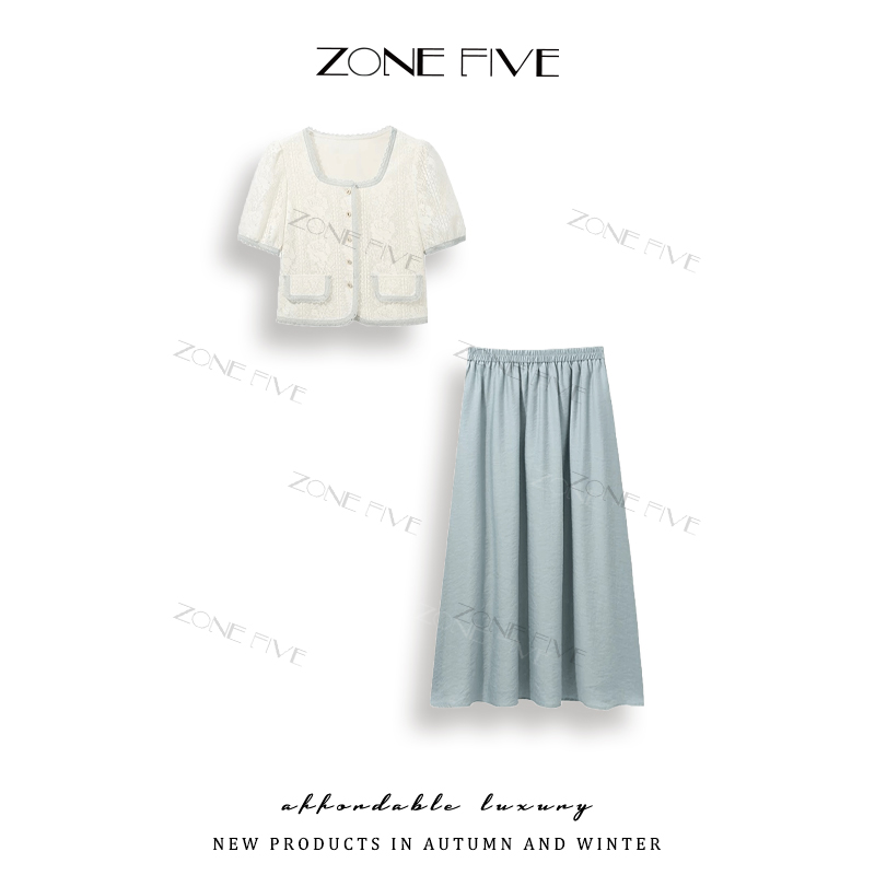 zonefive  法式方领镂空时尚甜美显瘦气质半身裙套装TY8961