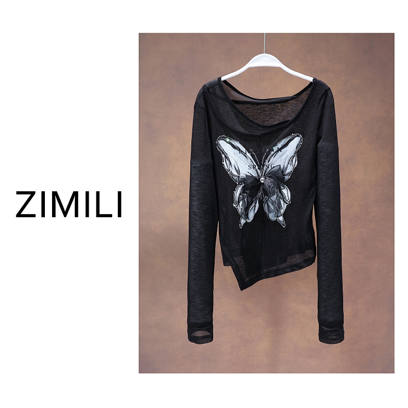 【亮哥女装】2025夏季轻薄透气暗夜黑网纱蝴蝶烫钻爽肤衣9821