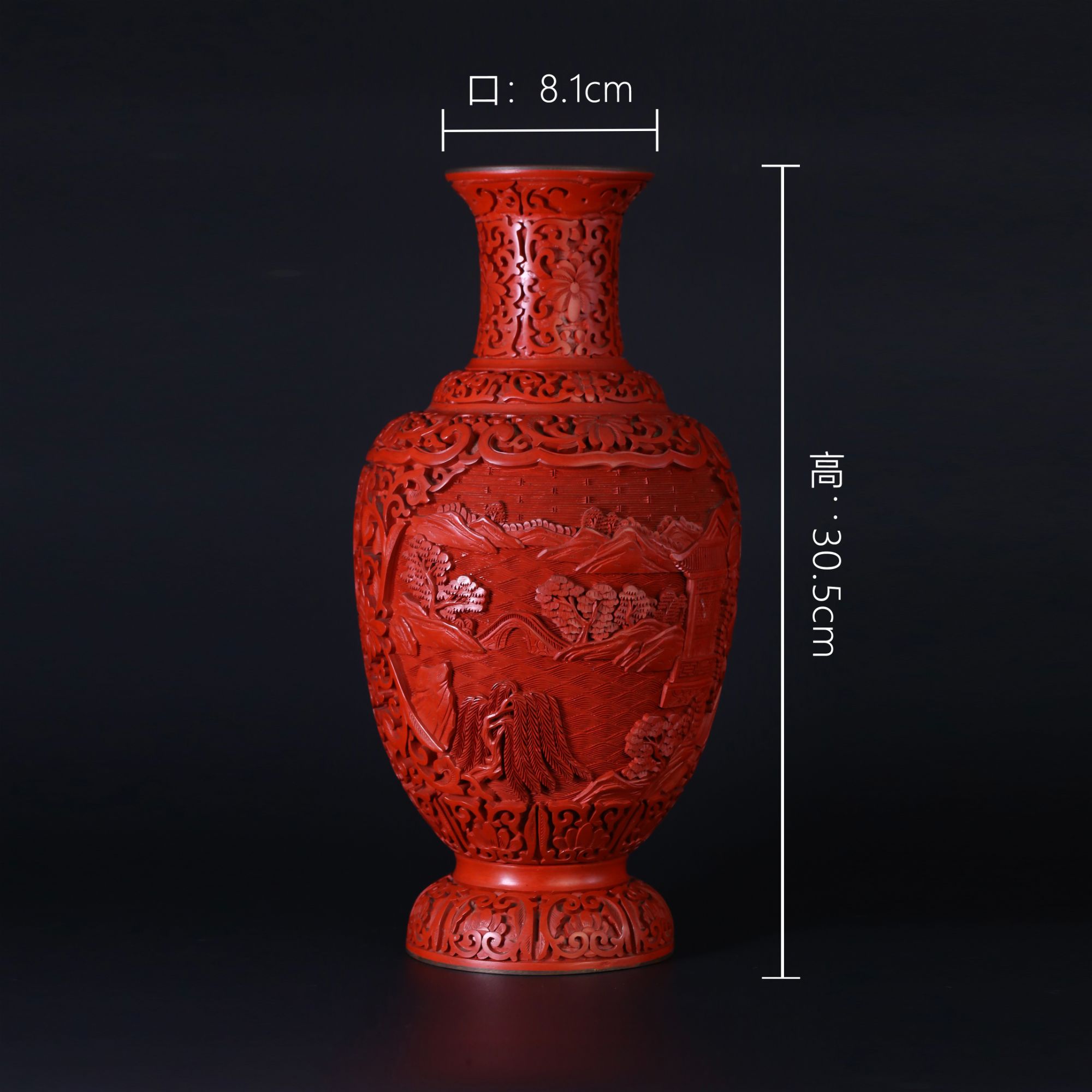  20世纪 剔红山水庭阁纹赏瓶 18103 【古玩拍卖】