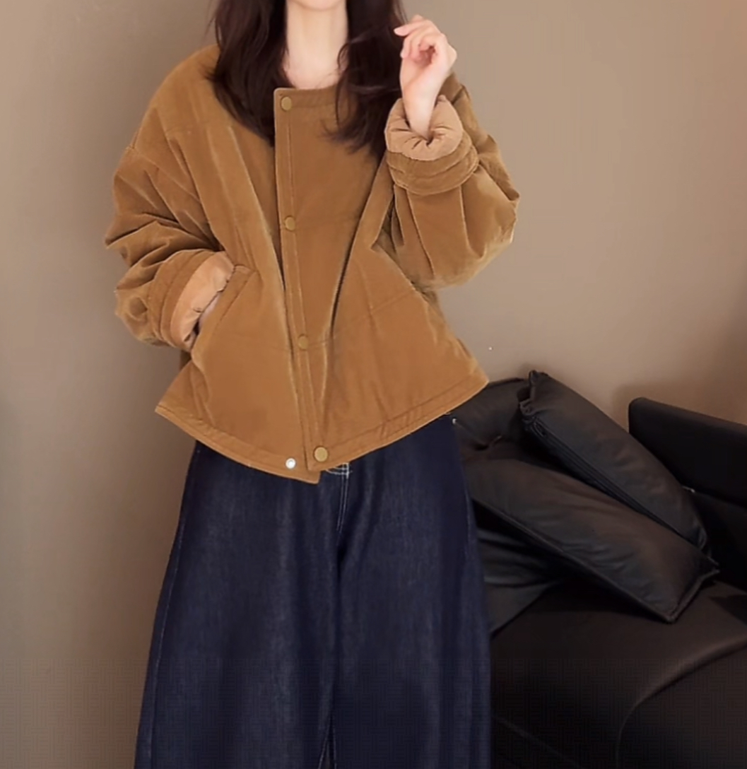 秋冬休闲时尚加厚圆领短款百搭休闲单排扣女款棉服-24470