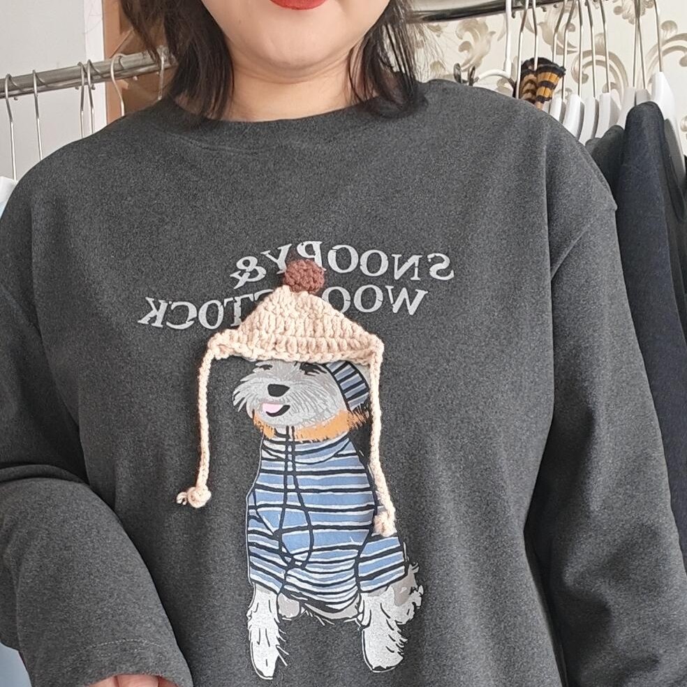 磨毛卡通印花宽松圆领长袖秋冬女士百搭打底T恤上衣