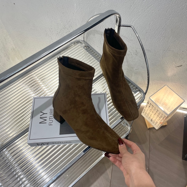 （Luom O）9785时尚方头粗跟短靴女秋冬加绒瘦瘦靴英伦风