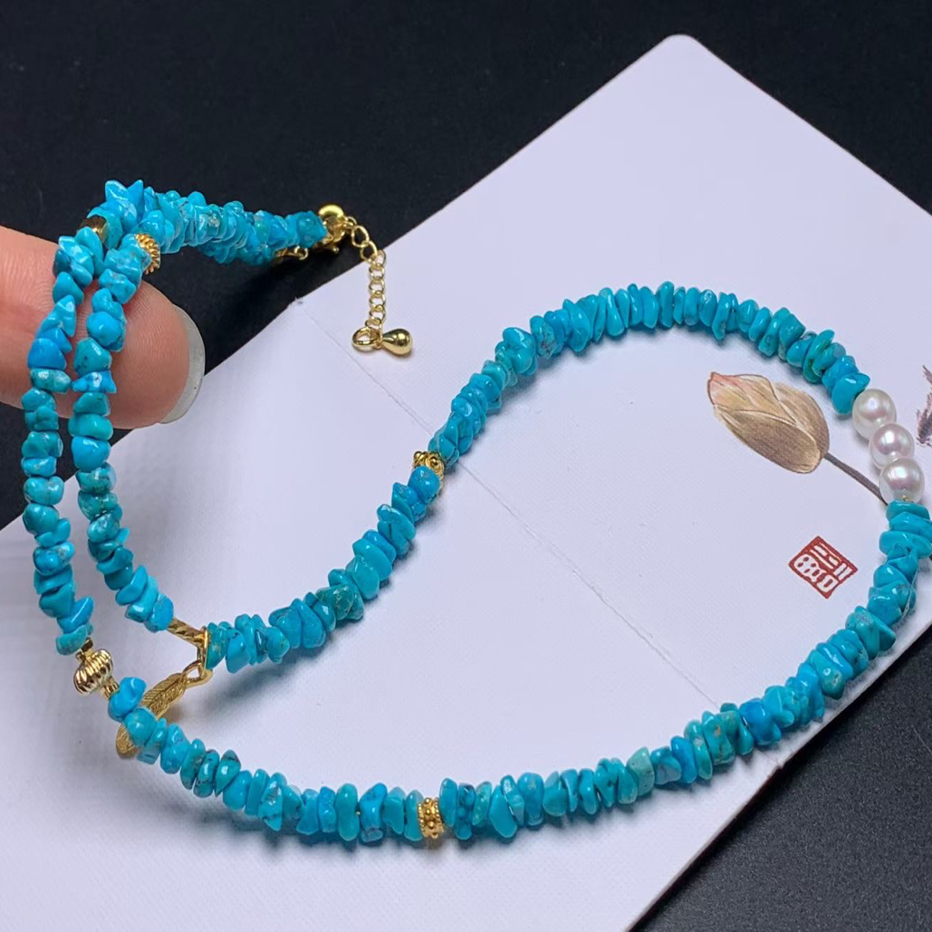 精美原矿高瓷高蓝绿松石随形锁骨链+手链，直径4-5mm，链长度42cm
