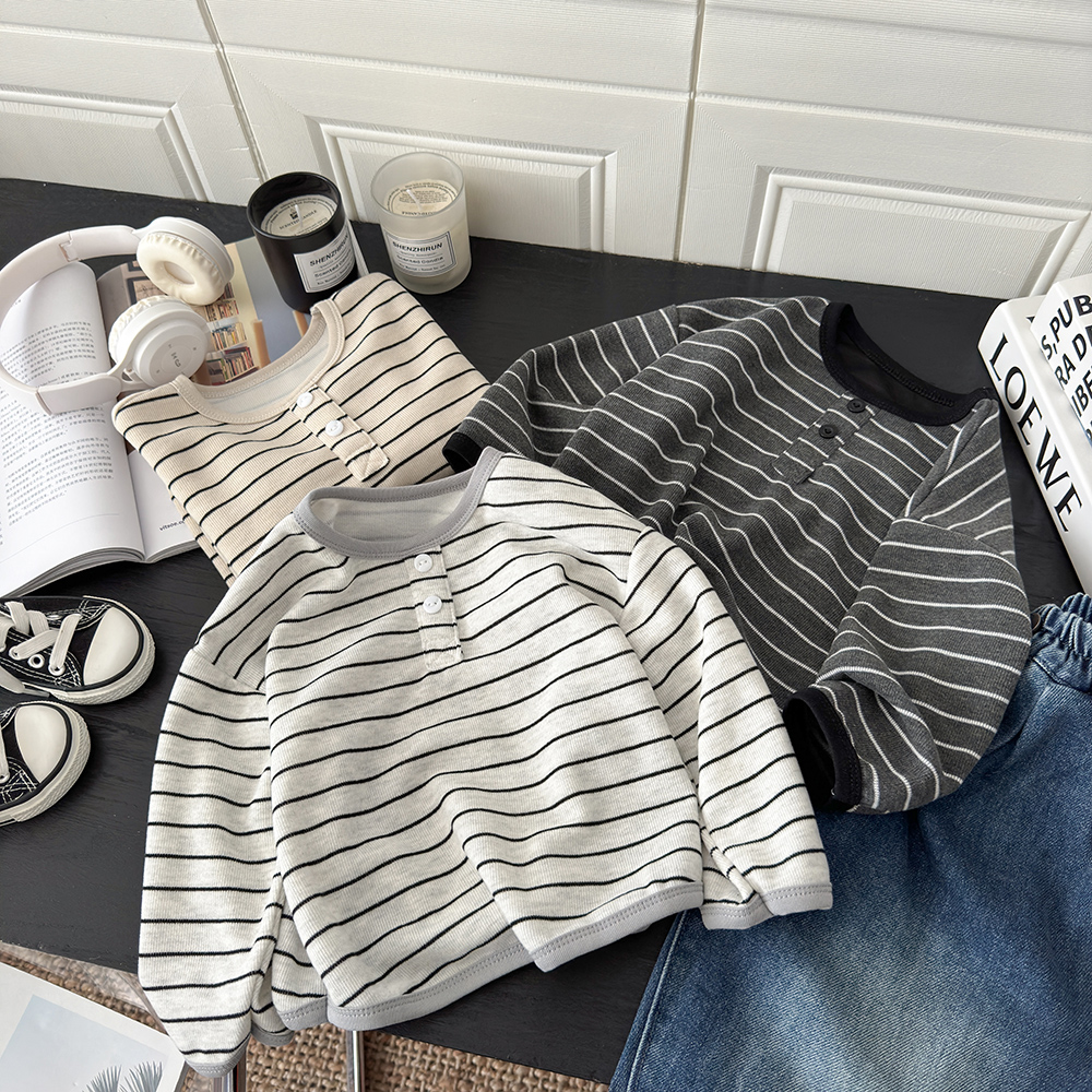 儿童打底衣秋季男童日韩风长袖t恤女童打底衫条纹韩版上衣