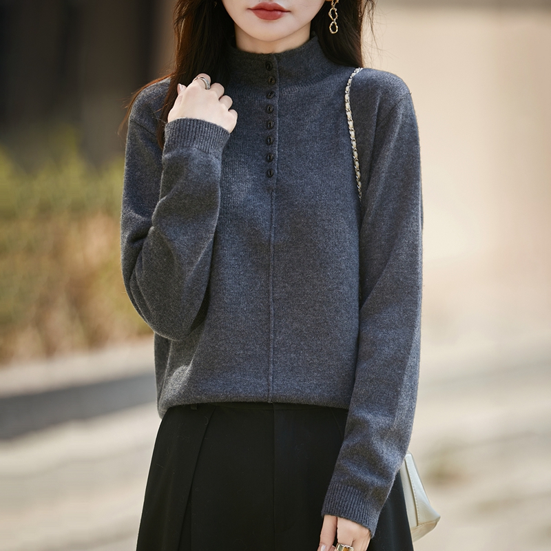 韩版时尚半高领提花纽扣针织衫女秋冬宽松加厚毛衣软糯打底衫毛衣