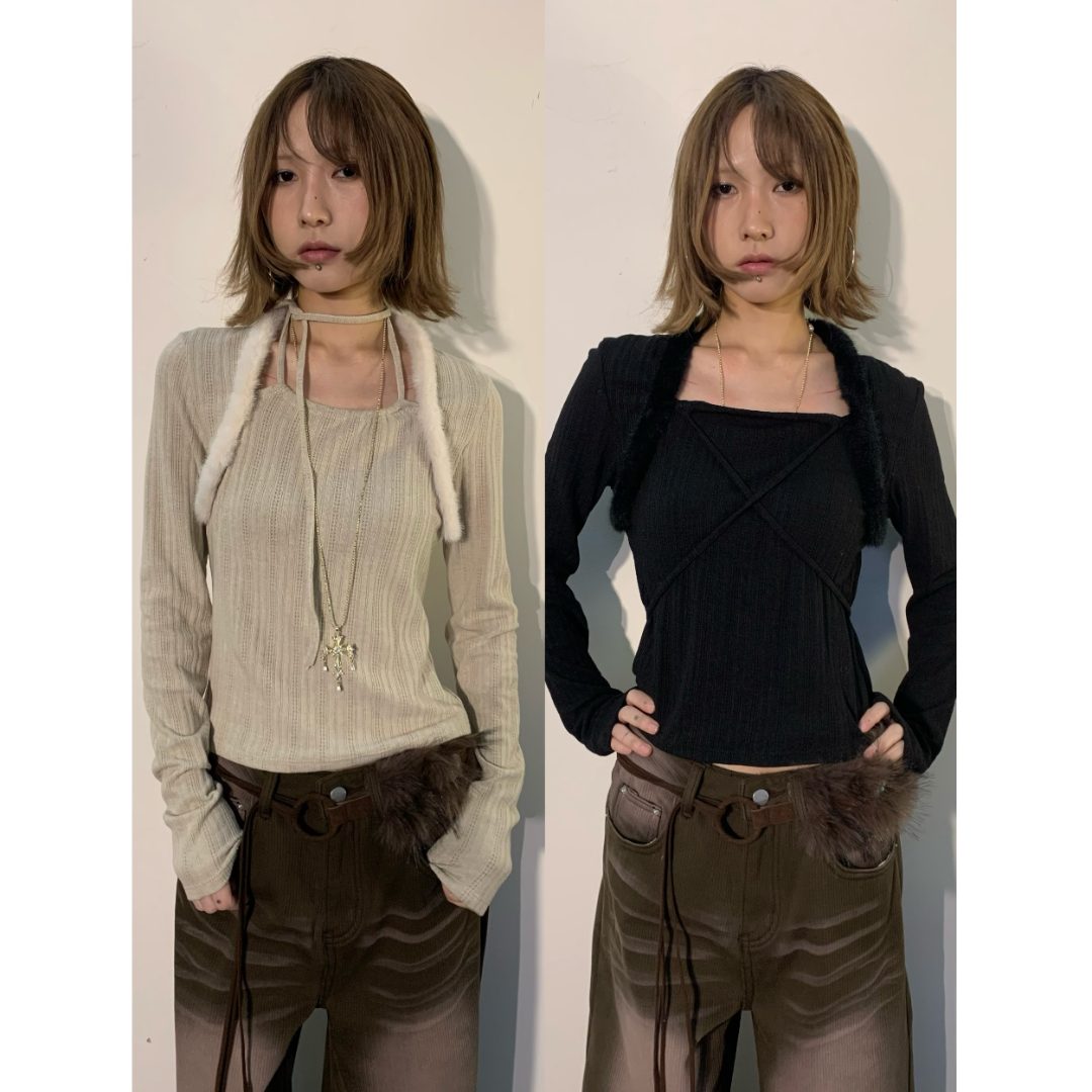 Fearless”秋季新款毛边双色系带设计感显瘦修身打底