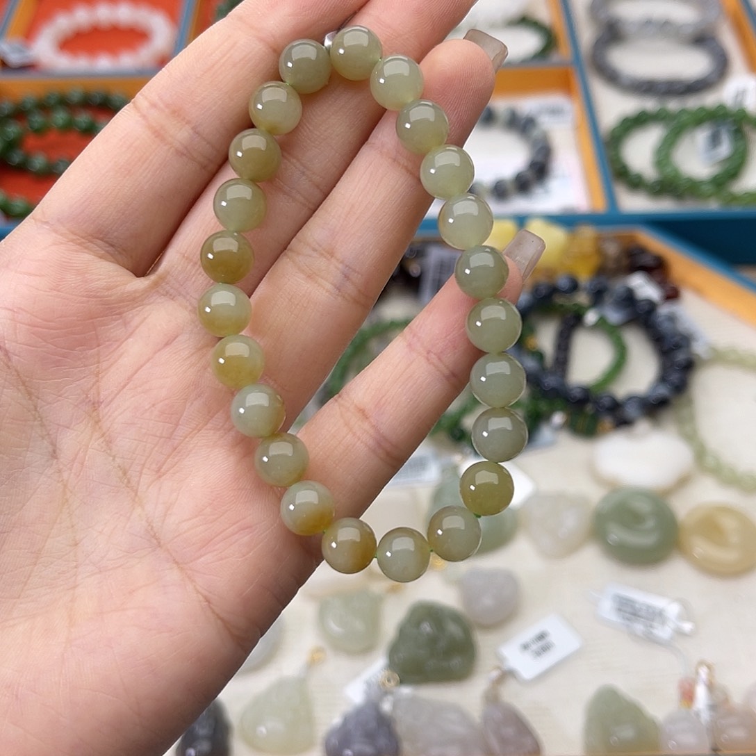 和田玉未镶嵌手链w15糖青8mm