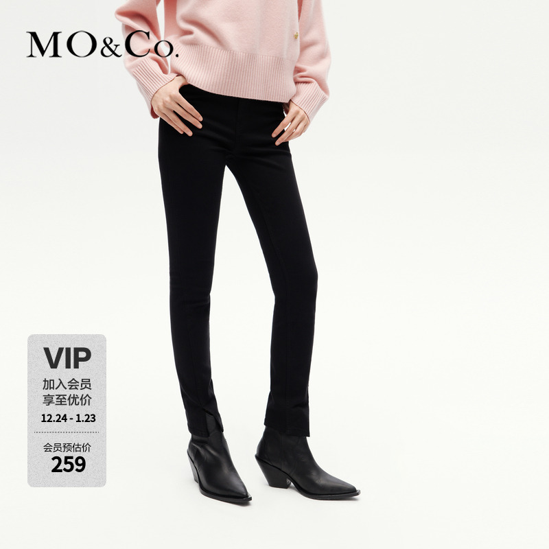 MOCO冬解构侧缝前移高腰修身小脚裤黑色牛仔裤MBC4JEN025