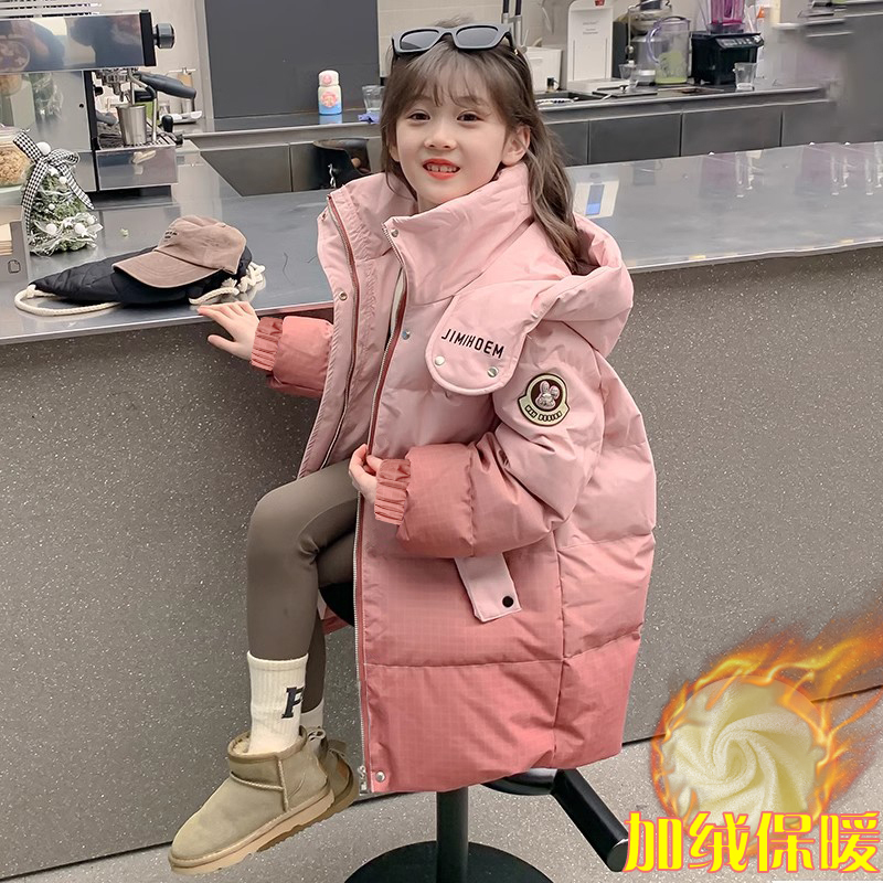 女童棉服2025新款渐变洋气冬装儿童新年衣服女孩加厚外套长款棉袄