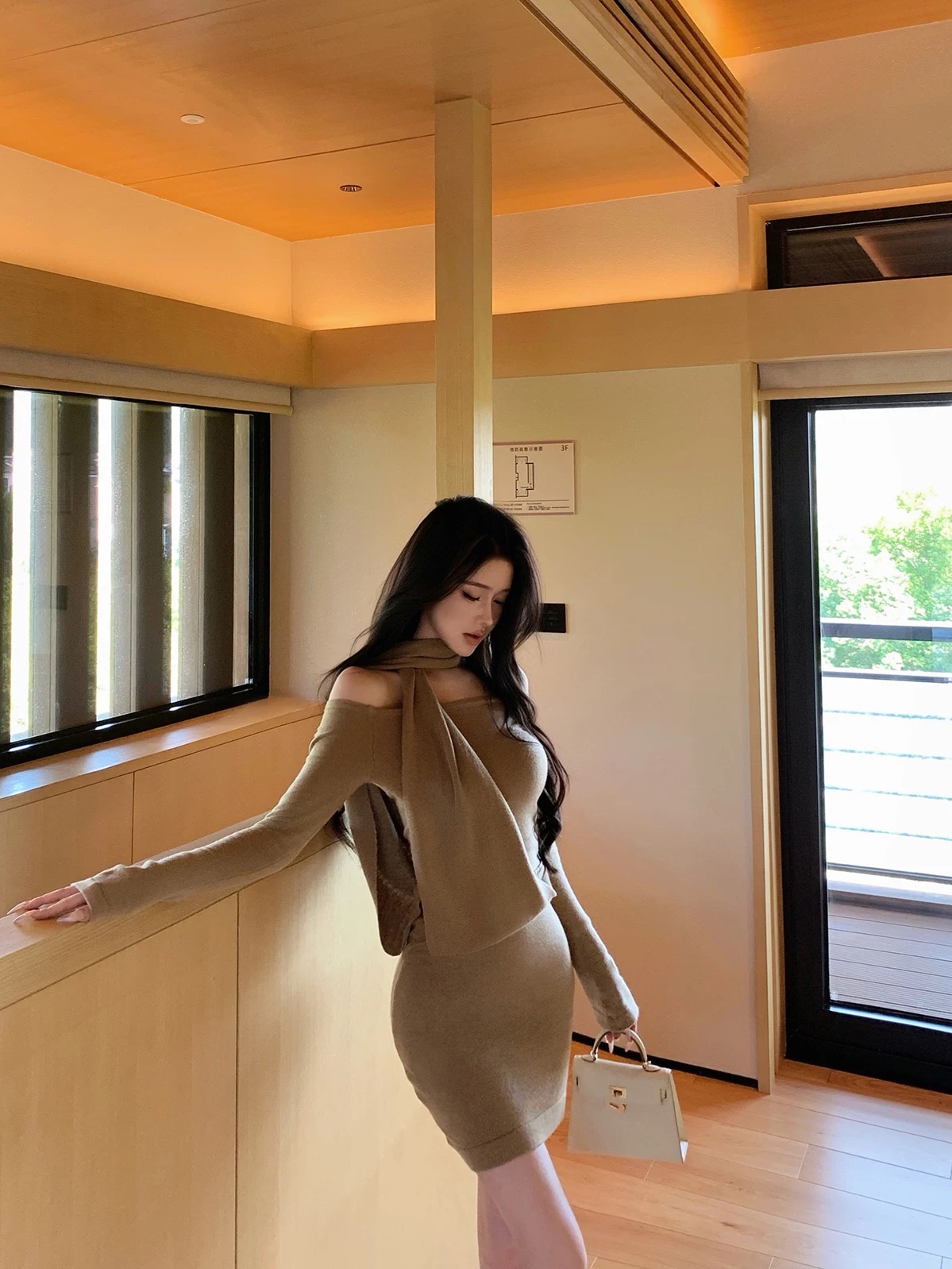 Hello熙熙 【费尔日落】设计感小众气质一字肩挂脖女连衣裙秋冬 B91