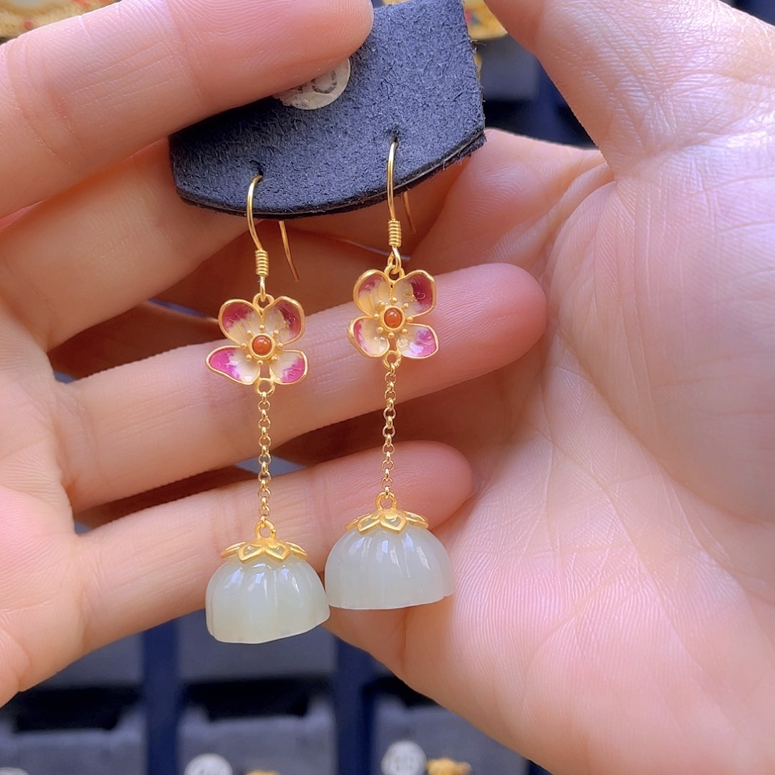 和田玉耳饰银S925镀金镶嵌