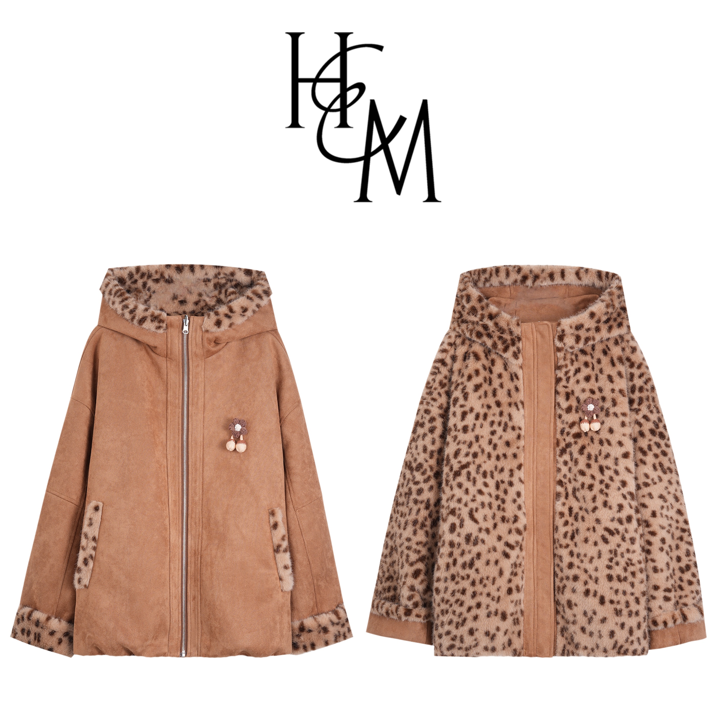 HUIERMAN/慧尔曼【正反两穿】时尚豹纹绒连帽厚外套+胸针【16765C款】