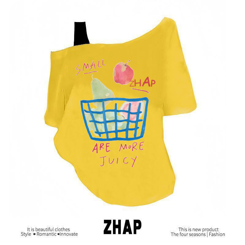 【ZHAP】新款单肩露肩吊带宽松短袖t恤女姜黄色韩版遮肉显瘦上衣