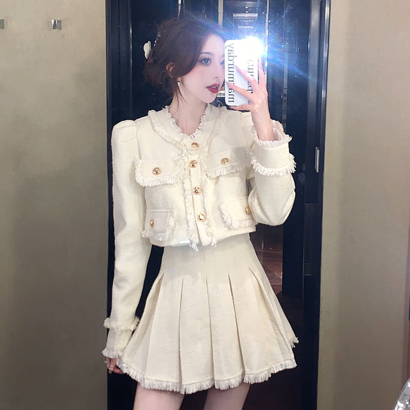 小香风套装裙两件套秋冬新款法式气质名媛短款外套+半身裙两件套