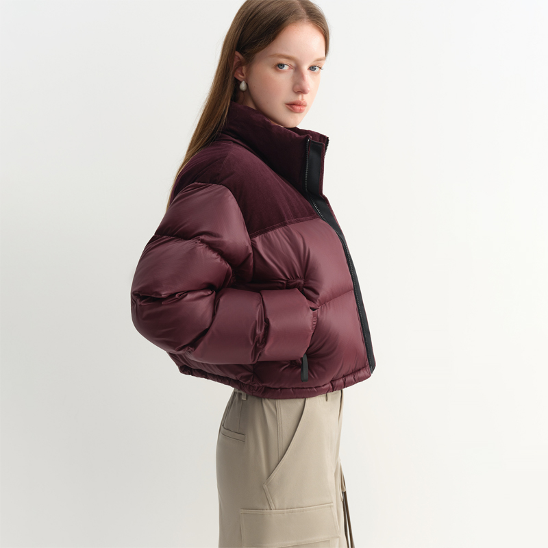 范思蓝恩时尚拼色短款面包羽绒服2025冬季新款立领保暖25FS14086