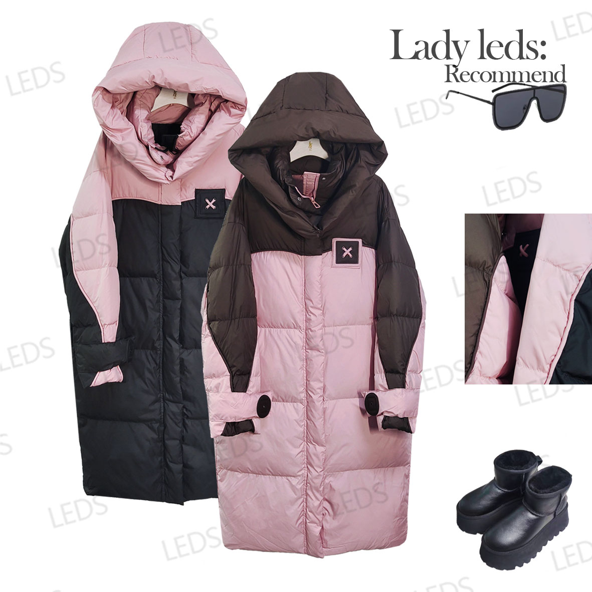 LEDS 99240冬季长袖常规中长款连帽拼色休闲韩版外套